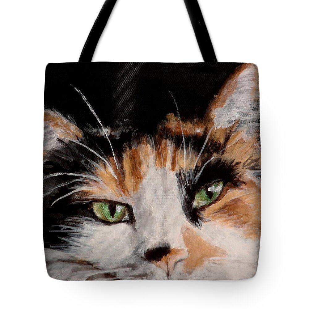 Calico Cat Portrait Tote Bag featuring the painting John by Carol Russell