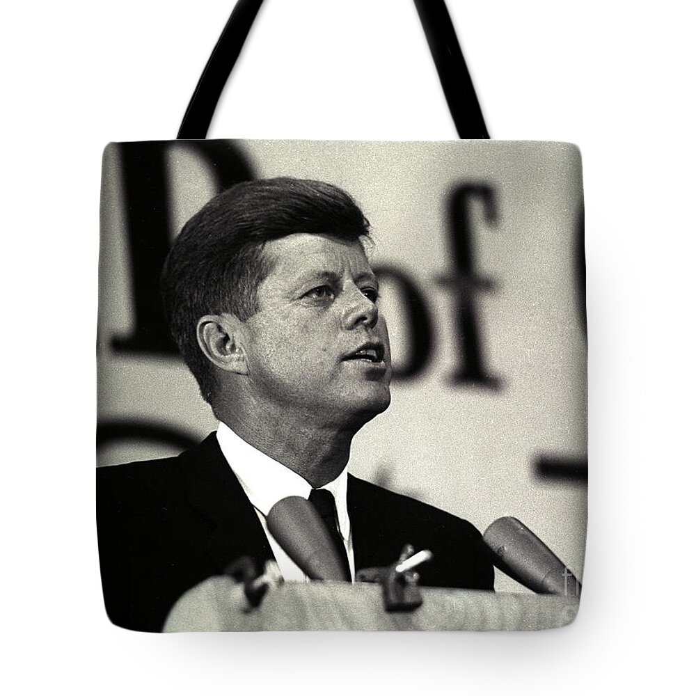 Tampa Tote Bag featuring the photograph John F. Kennedy Speaking, 1963 by Larry Mulvehill