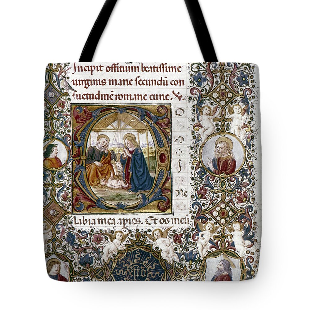 Adoration Tote Bag featuring the painting Joseph, Mary, And Child Joseph And Mary by Granger