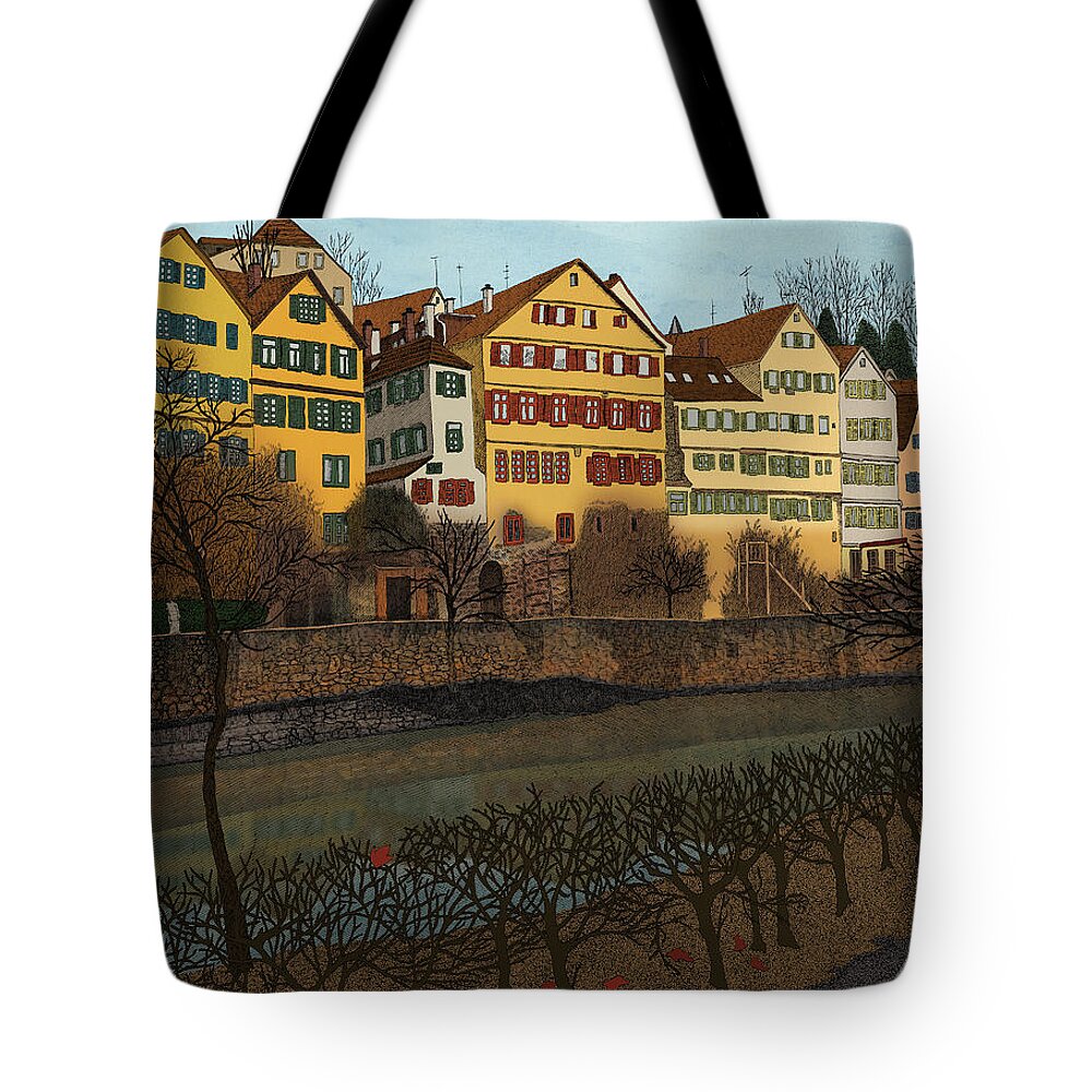 Architecture River Houses Neckar T�bingen Germany Tote Bag featuring the drawing Judith's Walk by Meg Shearer
