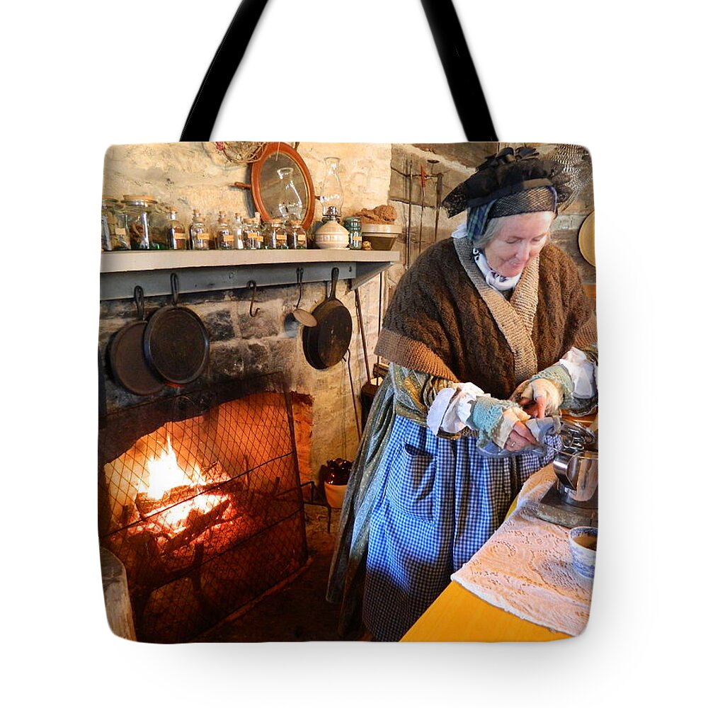 Judy Tote Bag featuring the photograph Judy Cooking in Olden Times by Kathy Barney