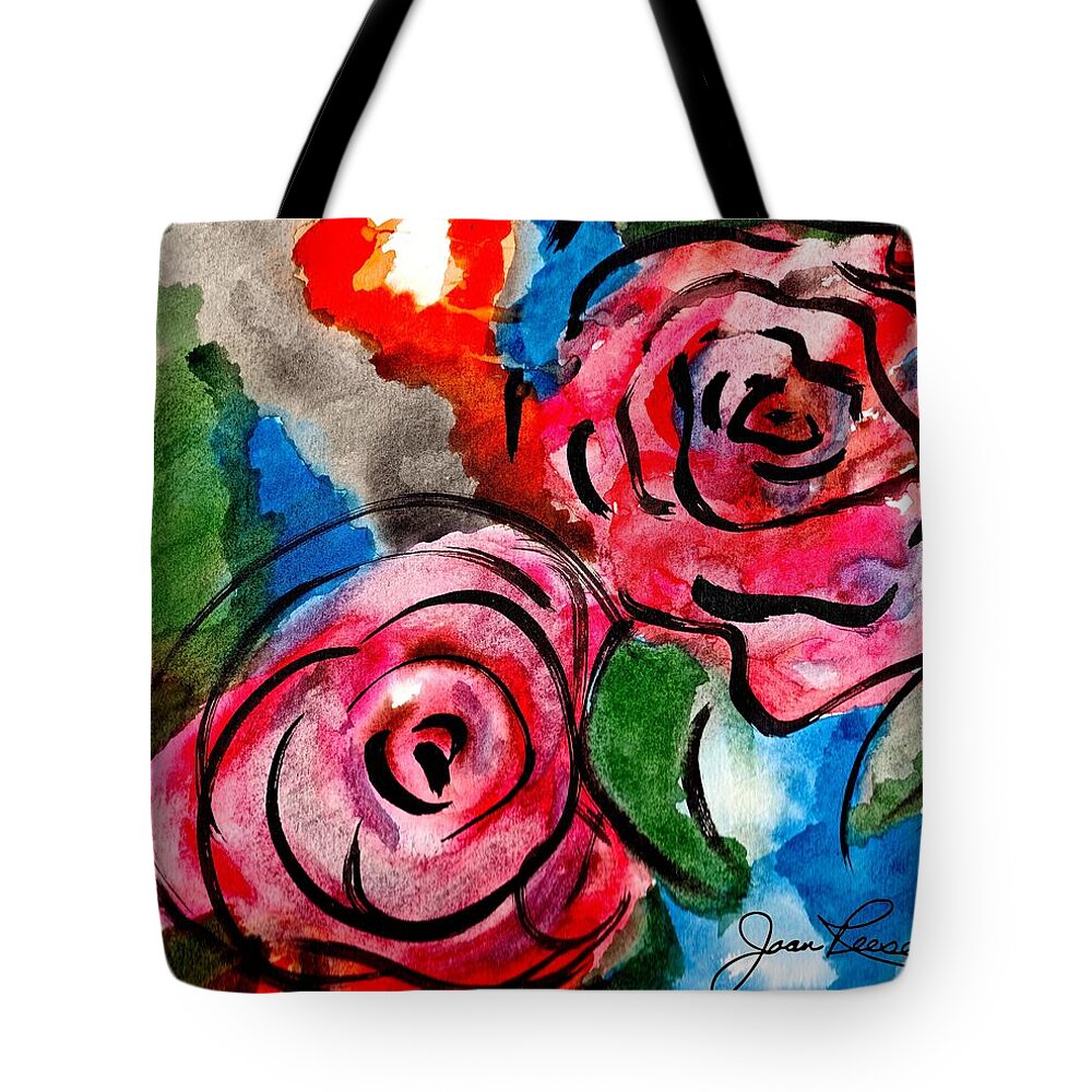 Watercolor Tote Bag featuring the painting Juicy Red Roses by Joan Reese