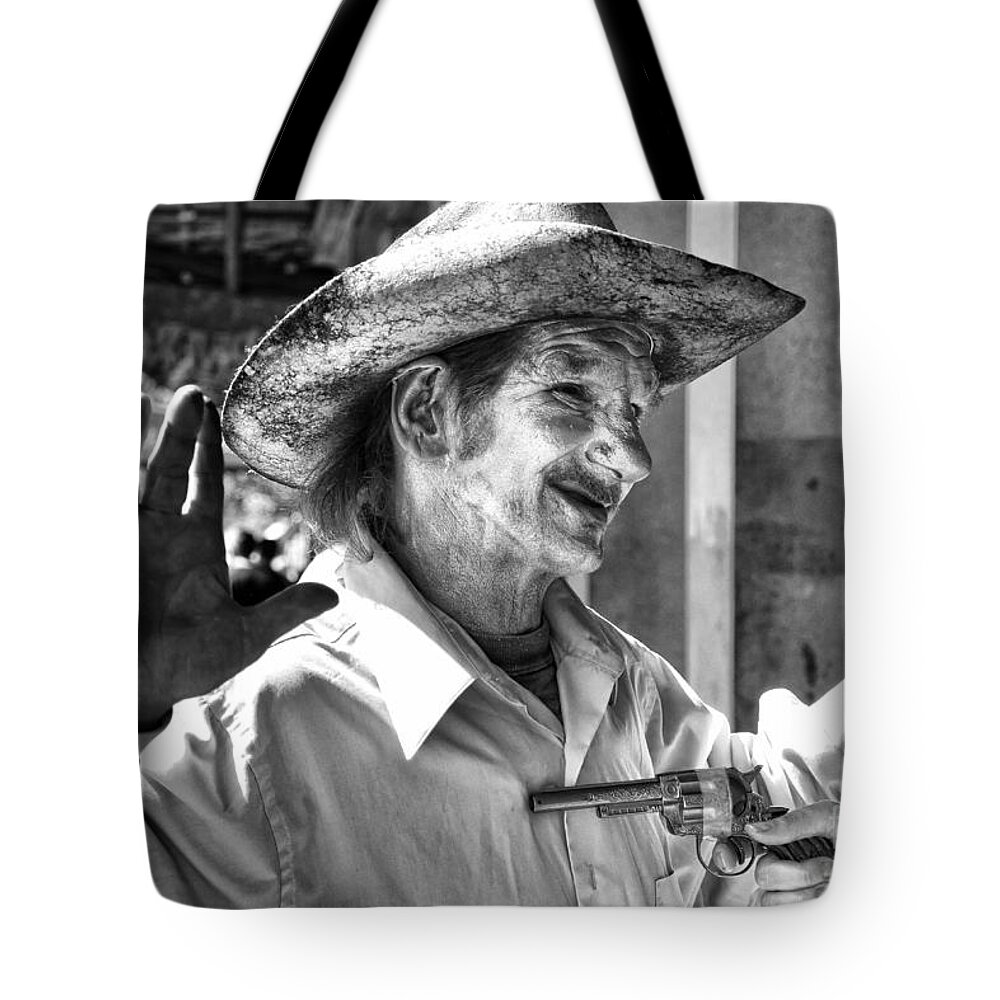 Mime Tote Bag featuring the photograph Just Shoot Me Said The Cowboy- black and white by Kathleen K Parker