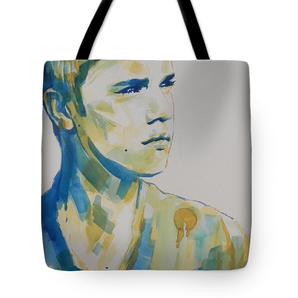Watercolor Painting Tote Bag featuring the painting Justin Bieber by Chrisann Ellis