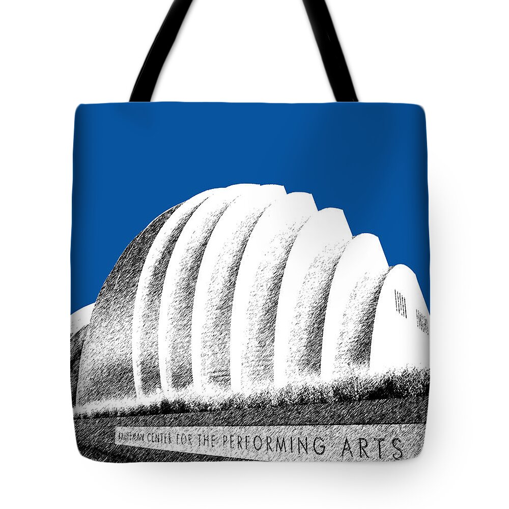Architecture Tote Bag featuring the digital art Kansas City Skyline 3 Kauffman Center - Royal Blue by DB Artist