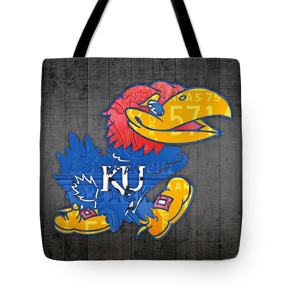 Kansas Tote Bag featuring the mixed media Kansas Jayhawks College Sports Team Retro Vintage Recycled License Plate Art by Design Turnpike