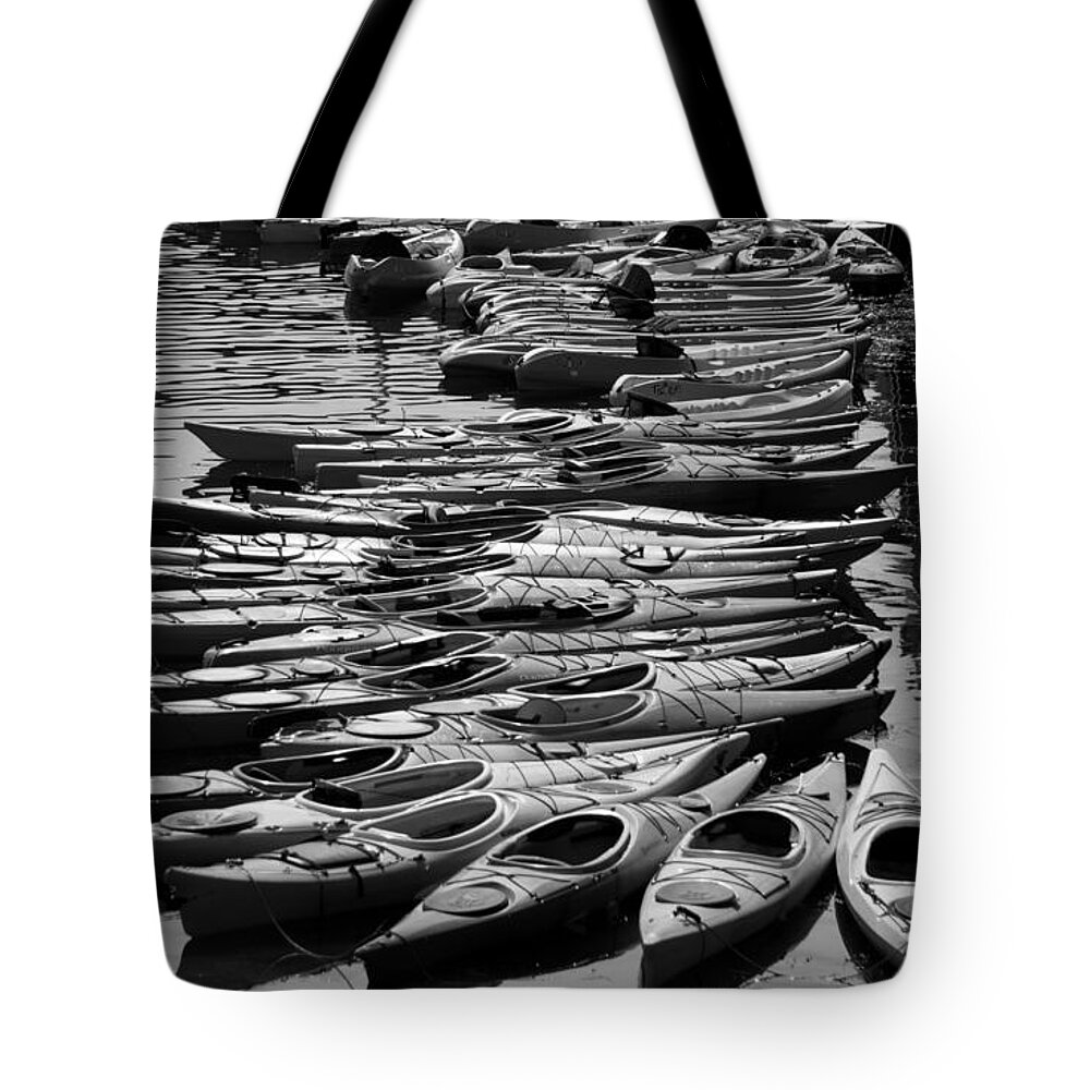 Kayaks Tote Bag featuring the photograph Kayaks at Rockport Black and White by Natalie Rotman Cote
