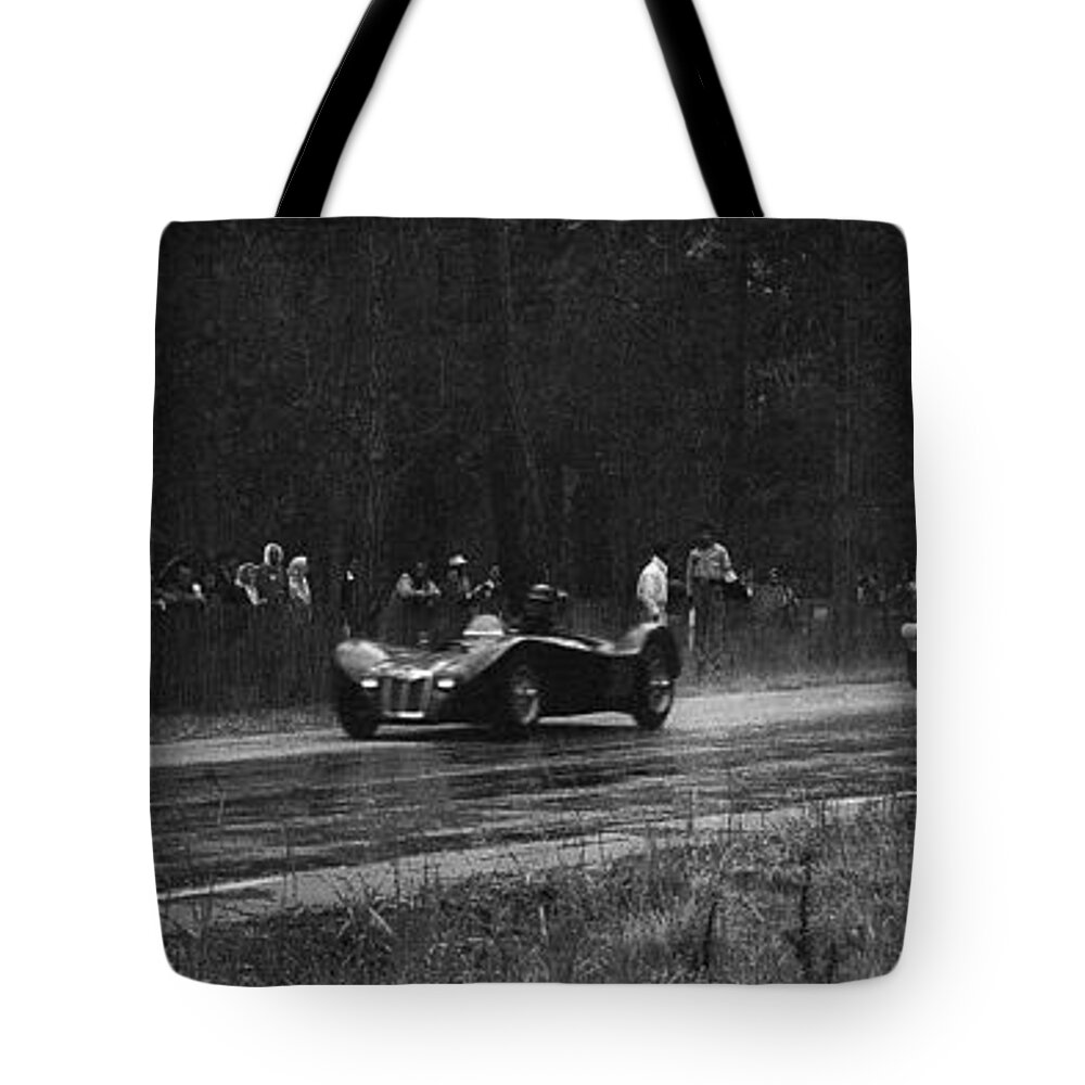 Ken Miles Tote Bag featuring the photograph Ken Miles at Pebble Beach Road Races in 1955 by Robert K Blaisdell