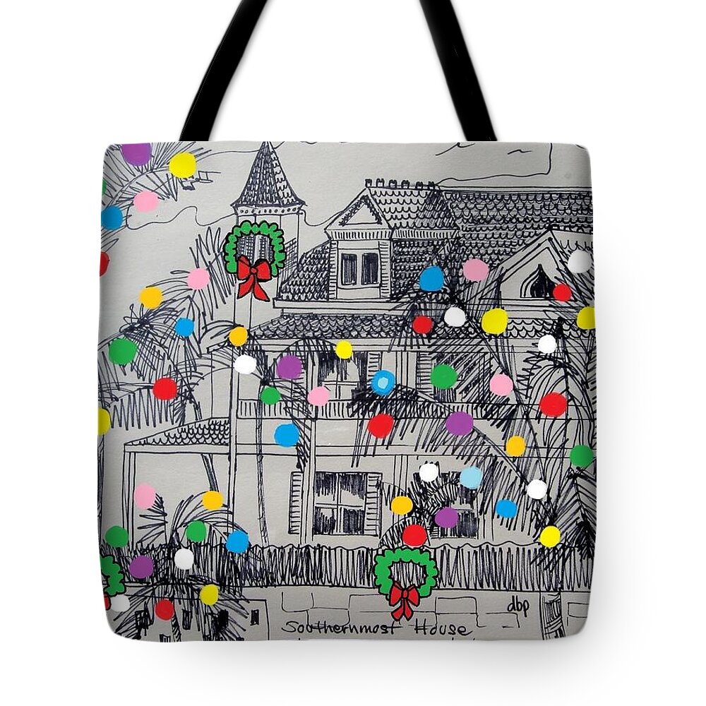 Southernmost House Tote Bag featuring the mixed media Key West Christmas by Diane Pape