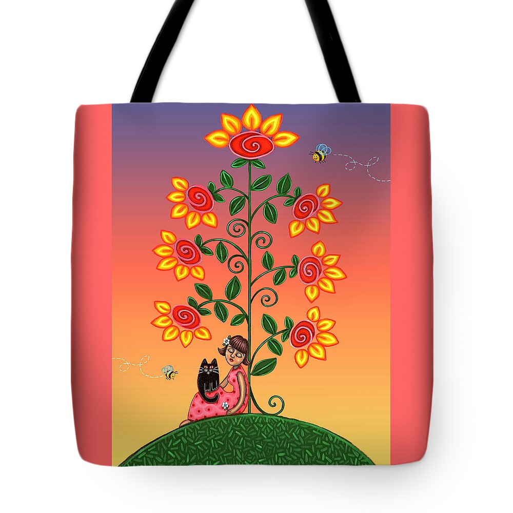 Folk Art Tote Bag featuring the painting Kitty and Bumblebees by Victoria De Almeida