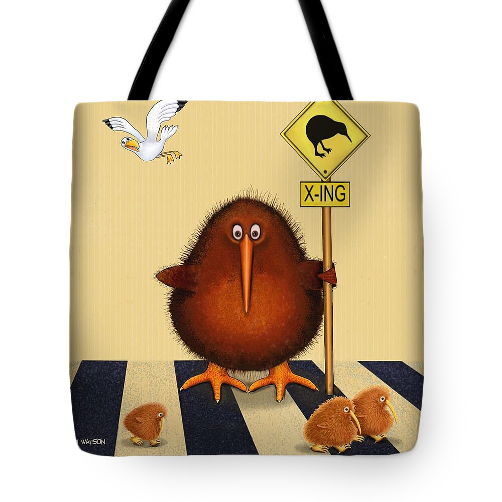 Kiwi Prints Tote Bag featuring the digital art Kiwi birds crossing by Marlene Watson