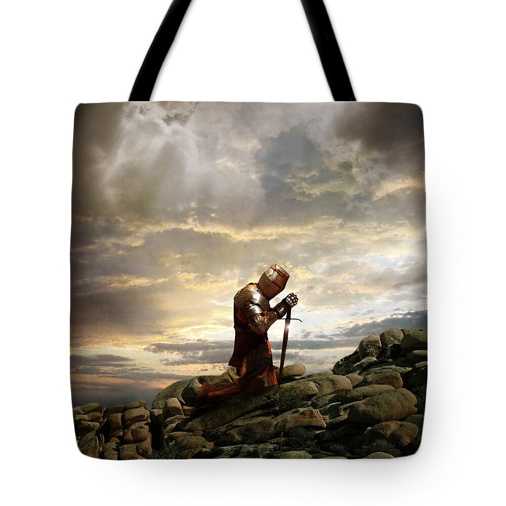 Knight Tote Bag featuring the photograph Kneeling Knight by Jill Battaglia