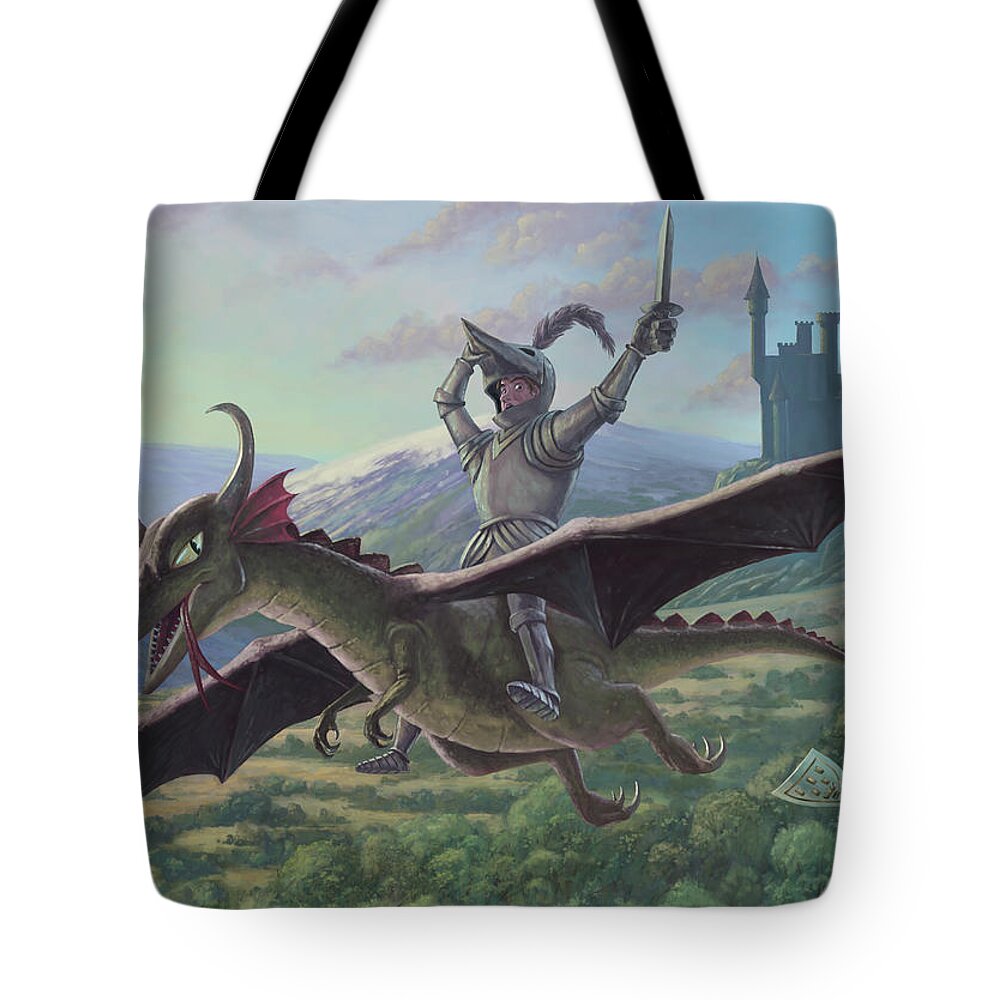 Knight Tote Bag featuring the painting Knight Riding On Flying Dragon by Martin Davey
