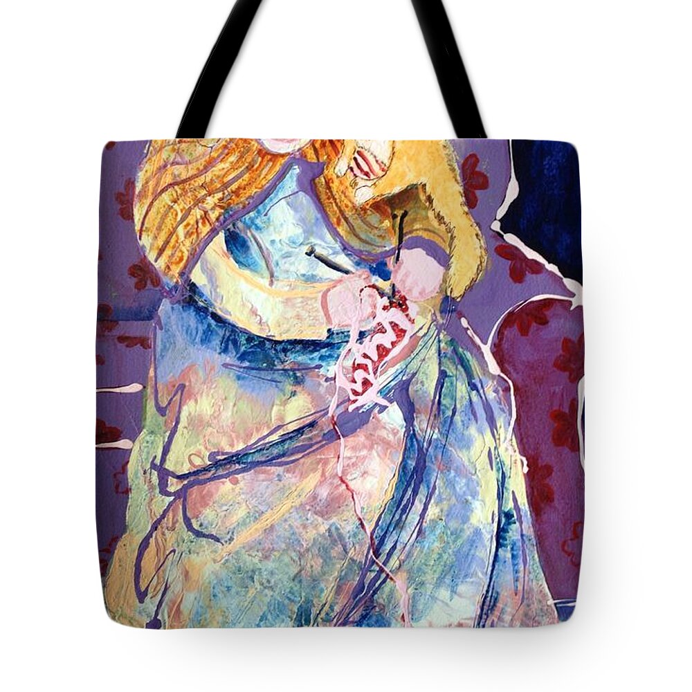 Grandma Tote Bag featuring the painting Knitting with Kitty by Marilyn Jacobson
