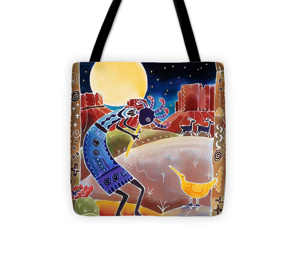 Kokopelli Tote Bag featuring the painting Kokopelli Sings Up the Moon by Harriet Peck Taylor