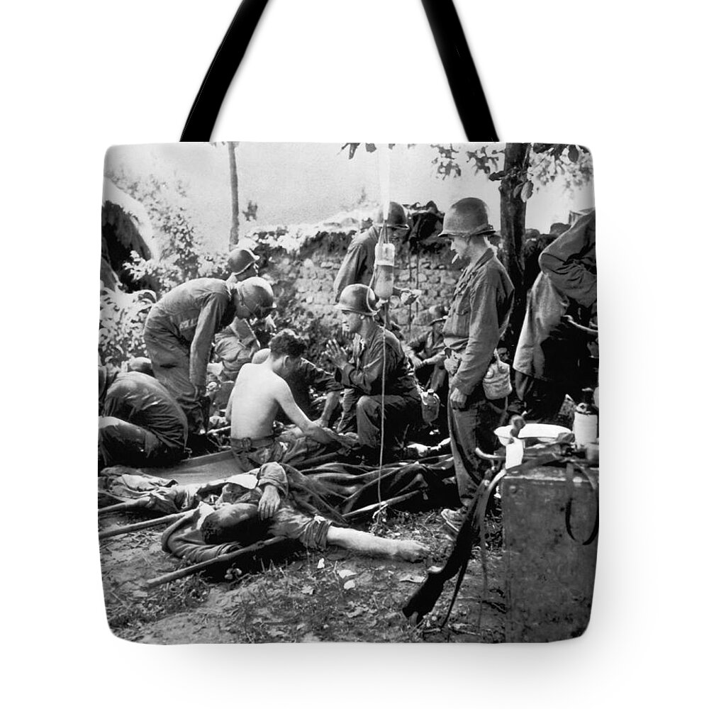 1950 Tote Bag featuring the photograph Korean War Wounded by Underwood Archives