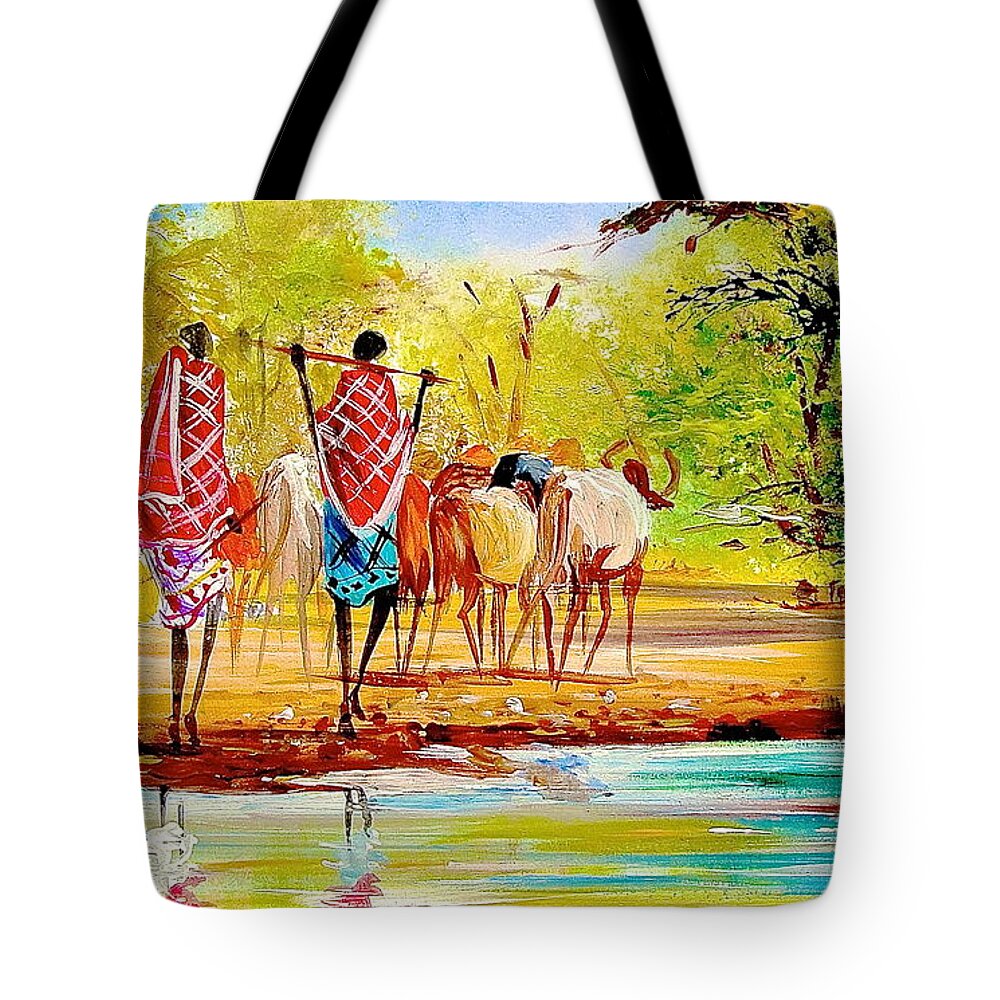 African Paintings Tote Bag featuring the painting L 98 by Albert Lizah
