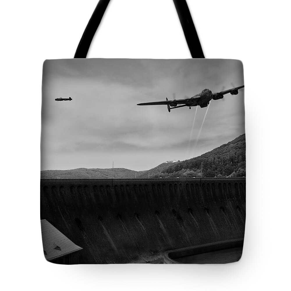 Dambusters Tote Bag featuring the digital art L for Leather over the Eder Dam black and white version by Gary Eason