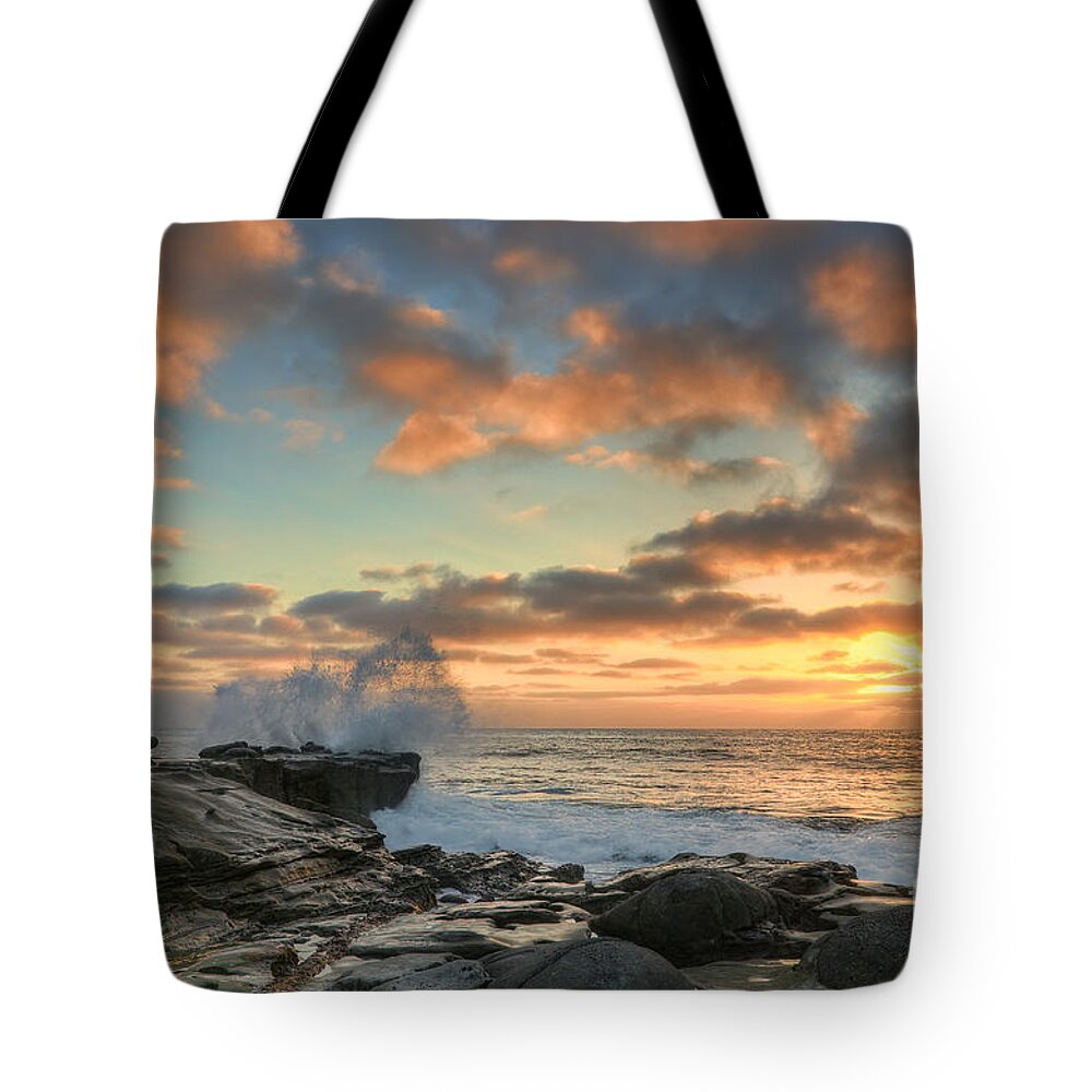 La Jolla Tote Bag featuring the photograph La Jolla Cove At Sunset by Eddie Yerkish