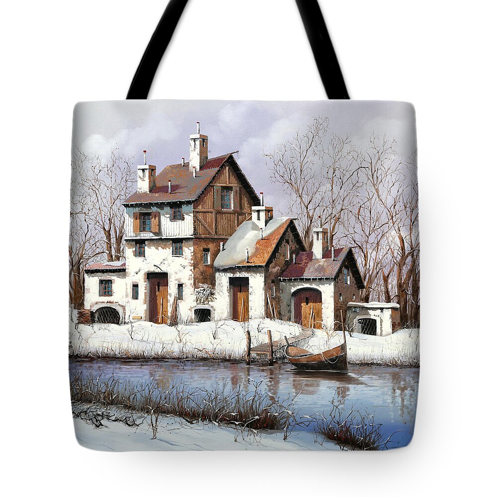 Snow Tote Bag featuring the painting La Prima Neve by Guido Borelli