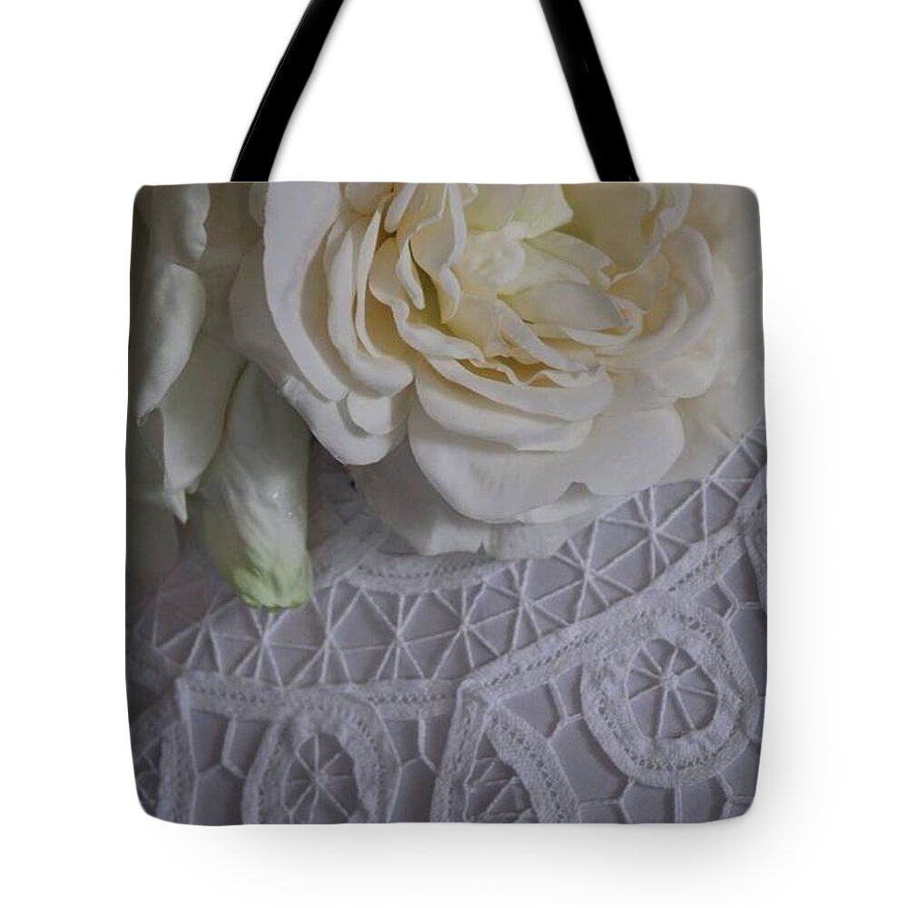 Rose Tote Bag featuring the photograph Lace and roses by Deena Withycombe