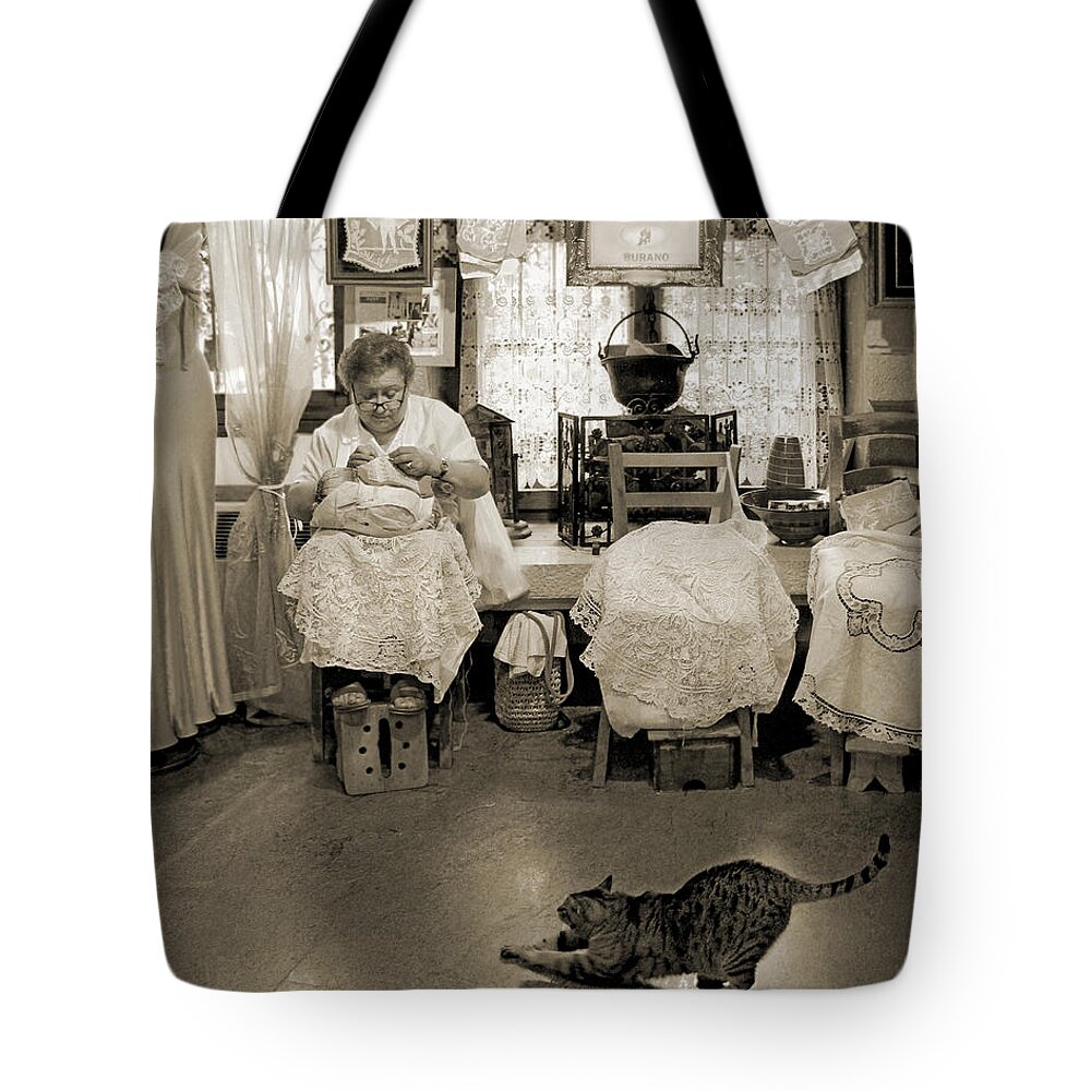 Burano Tote Bag featuring the photograph Lace Lady of Burano-BW by Jennie Breeze