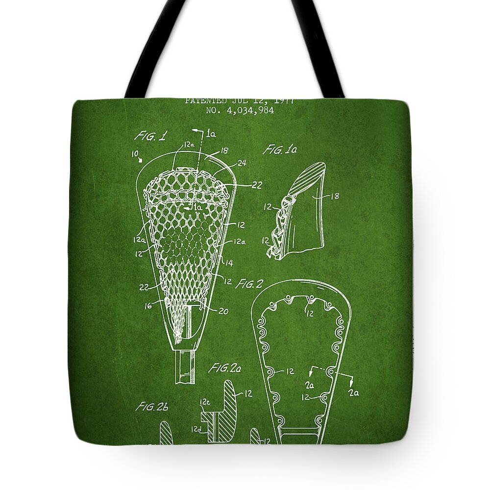 Lacrosse Tote Bag featuring the digital art Lacrosse Stick Patent from 1977 - Green by Aged Pixel