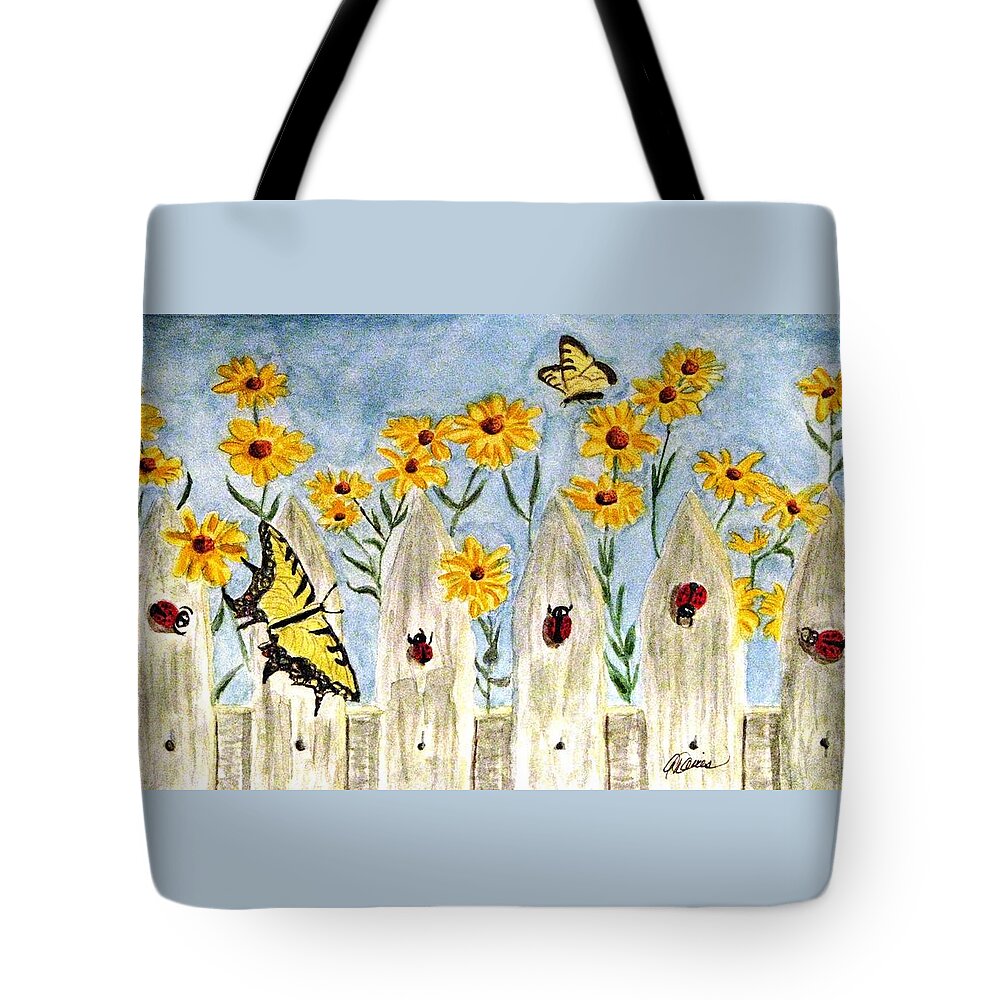Ladybugs Tote Bag featuring the painting Ladies In The Garden by Angela Davies