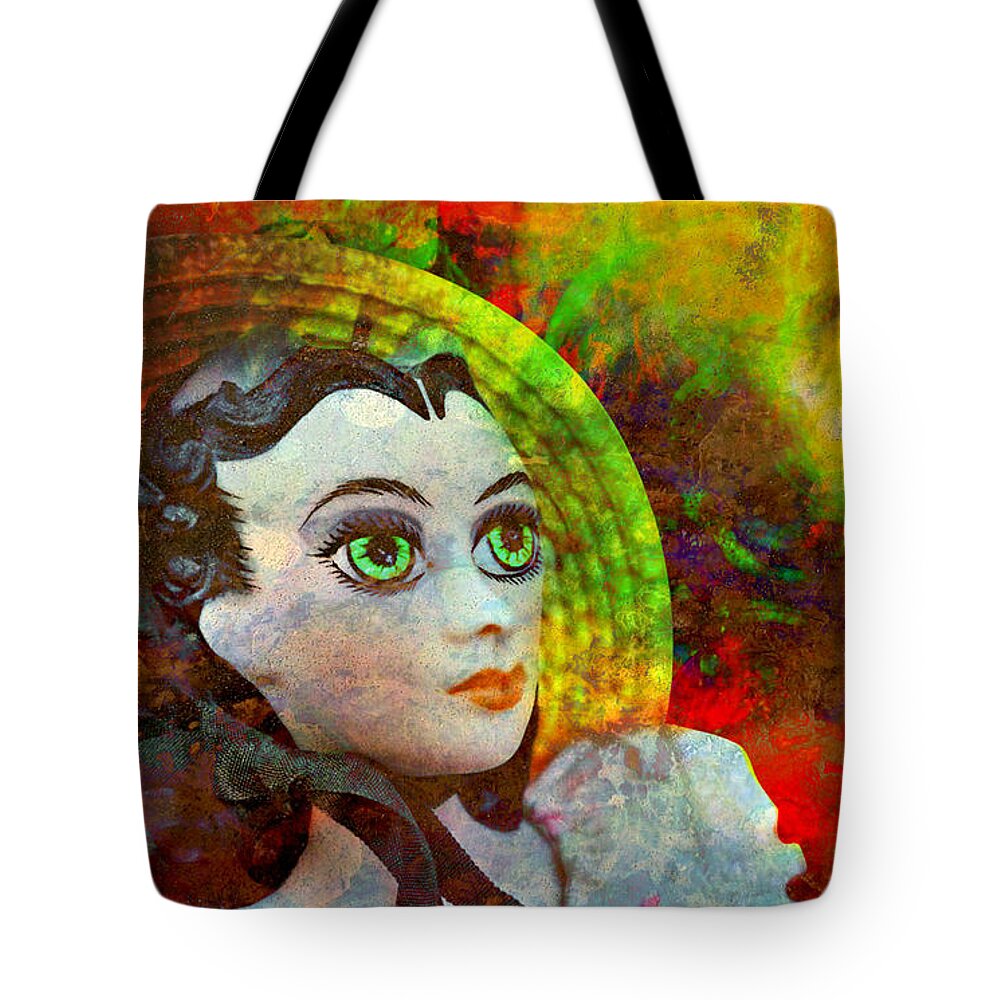 Lady In Red Tote Bag featuring the mixed media Lady in Red by Ally White