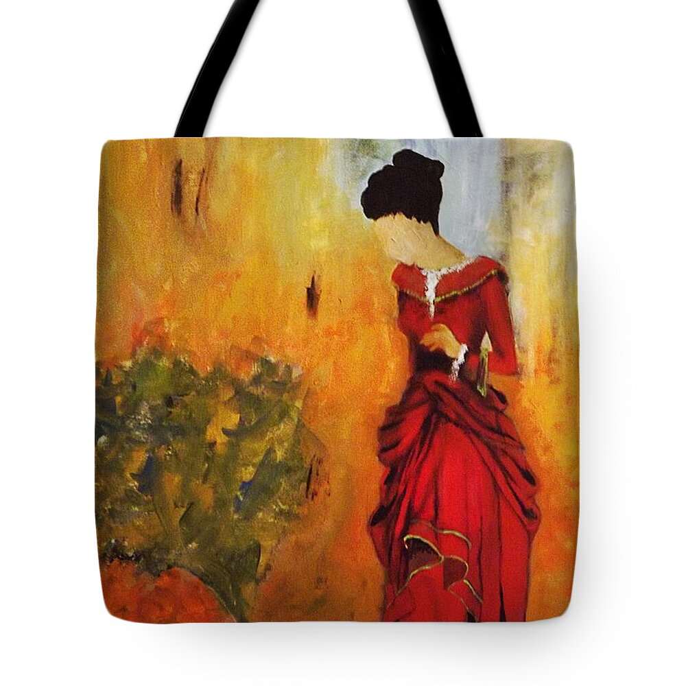 Red Dress Tote Bag featuring the painting Lady in the Red Dress by Minimalist Artist