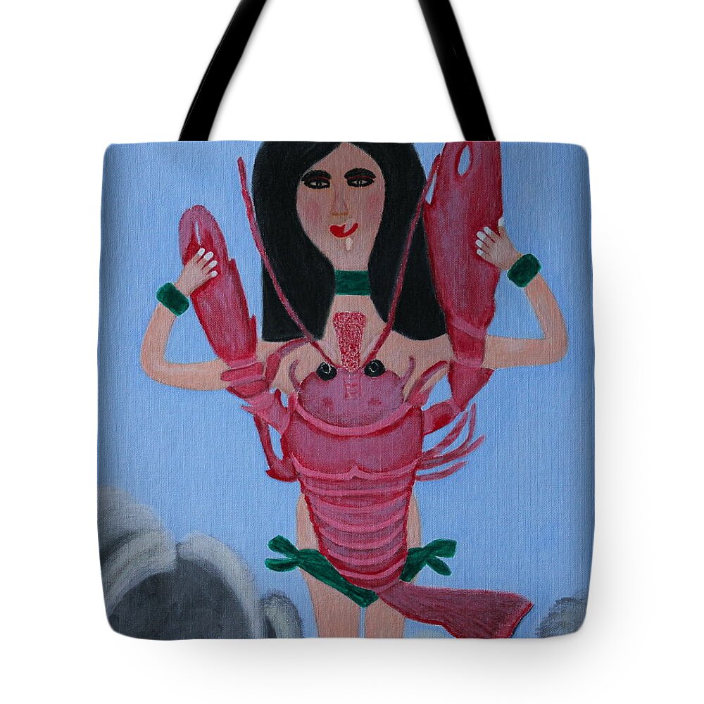 All Products Tote Bag featuring the painting Lady Lobster by Lorna Maza