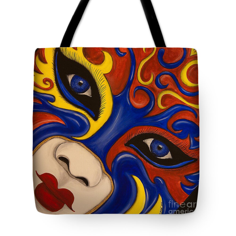 Mask Tote Bag featuring the painting Lady of Fire and Ice by Susan Cliett