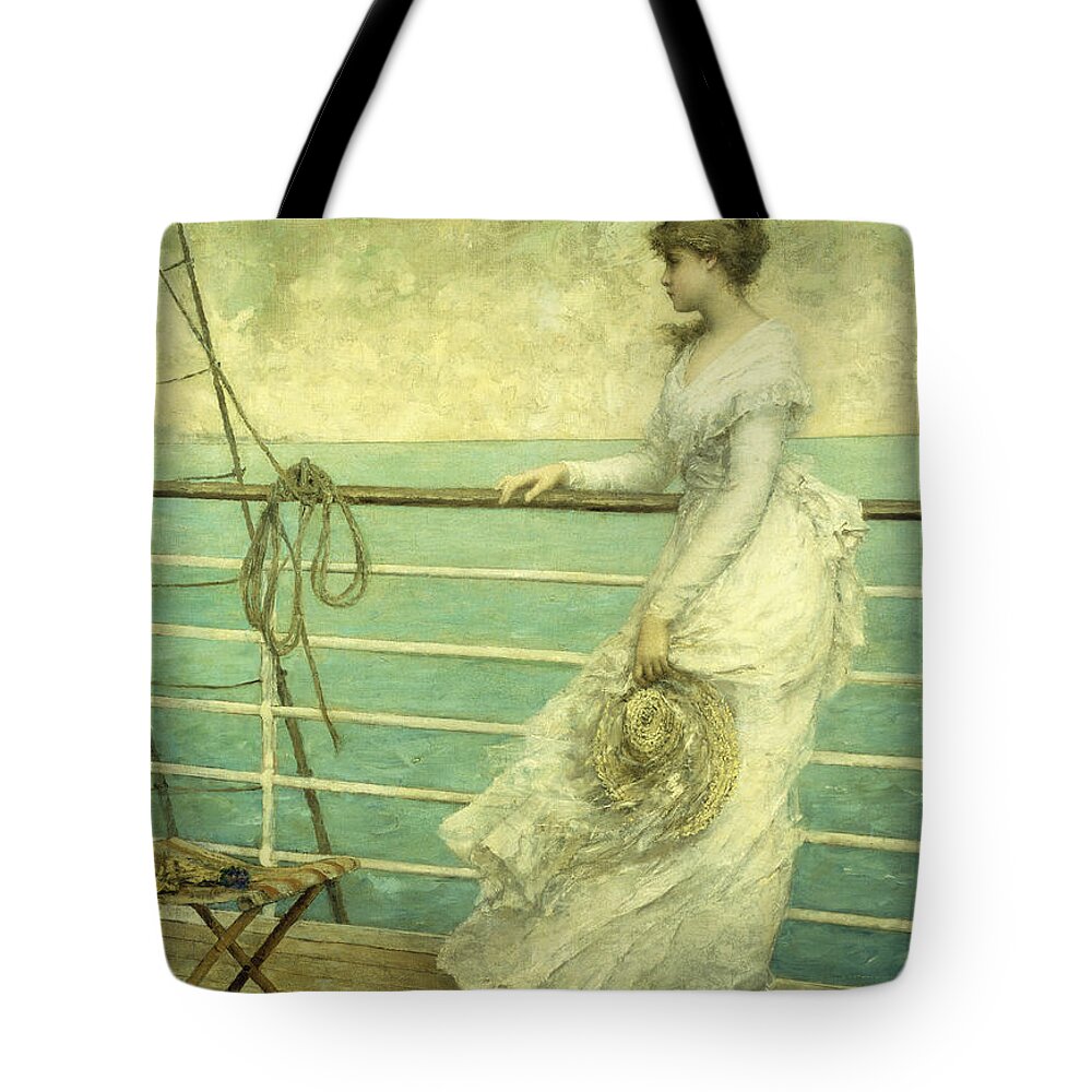 Lady; Deck; Ship; Sea; Seascape; Rigging; Ropes; Boat; Travel; Travelling; Journey; Transport; Young; Youth; Romantic; Pretty; Beauty; Beautiful; White; Lace; Dress; Demure; Lost In Thought; Pensive; Thoughtful; Hat; Stool; Seat; Victorian; On Deck Tote Bag featuring the painting Lady on the Deck of a Ship by French School