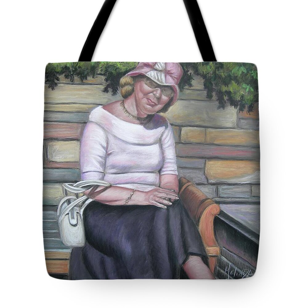 Women Tote Bag featuring the painting Lady Sitting on a Bench with Pink Hat by Melinda Saminski