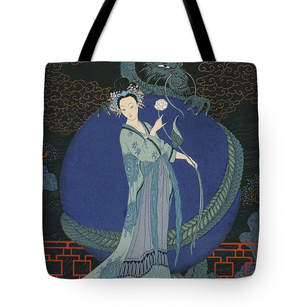 Oriental Tote Bag featuring the painting Lady with a Dragon by Georges Barbier