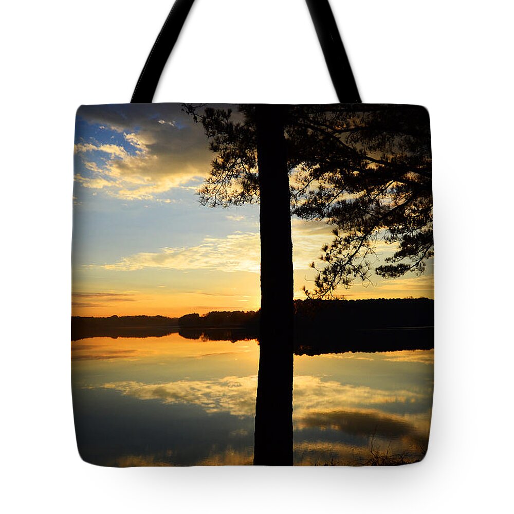 Lake Tote Bag featuring the digital art Lake at Sunrise by Kathleen Illes