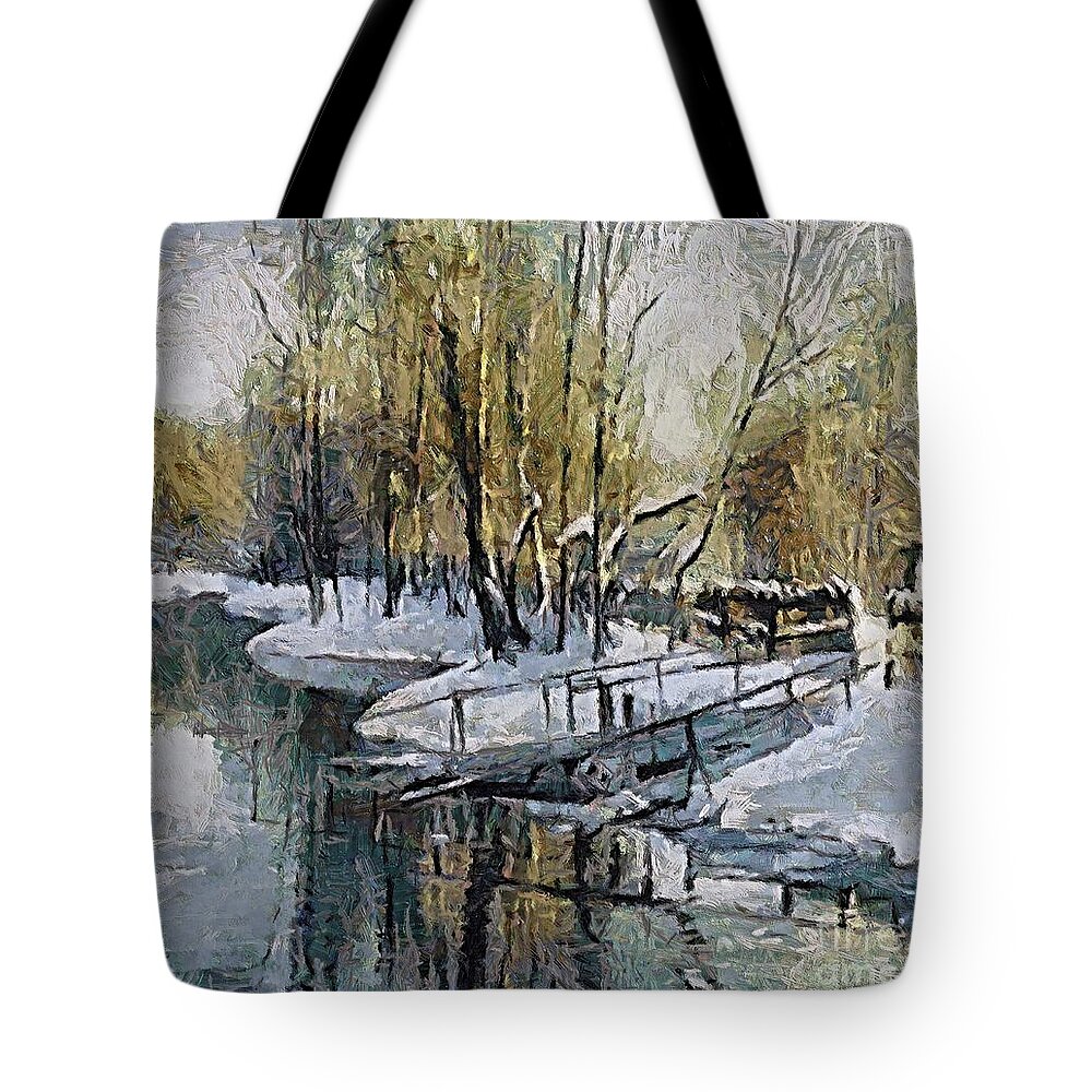 Landscapes Tote Bag featuring the painting Lake in the winter by Dragica Micki Fortuna