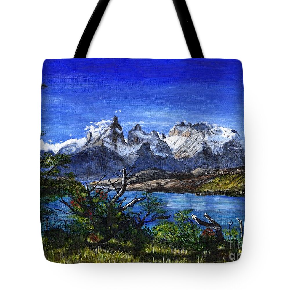 Patagonia Tote Bag featuring the painting Lake Pehoe and Cuernos Painting by Timothy Hacker