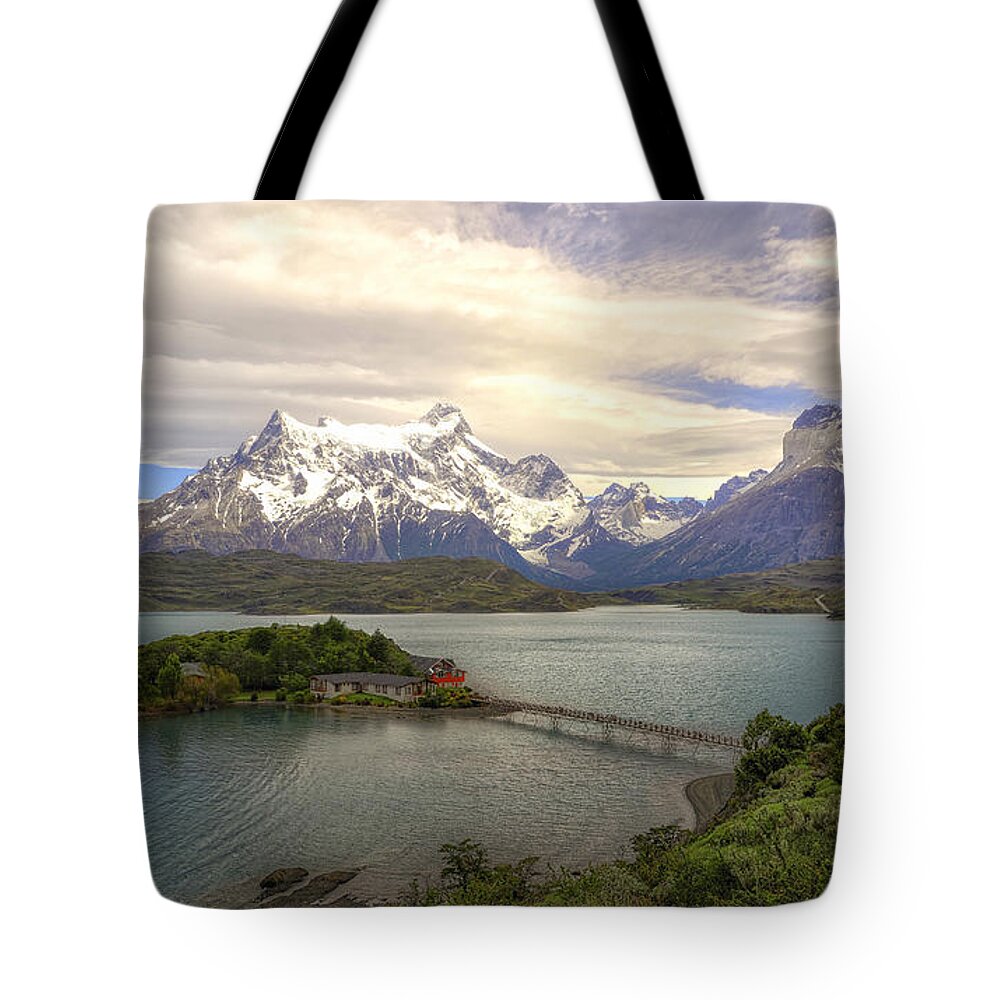 Landscape Tote Bag featuring the photograph Lake Pehoe by Claudio Bacinello