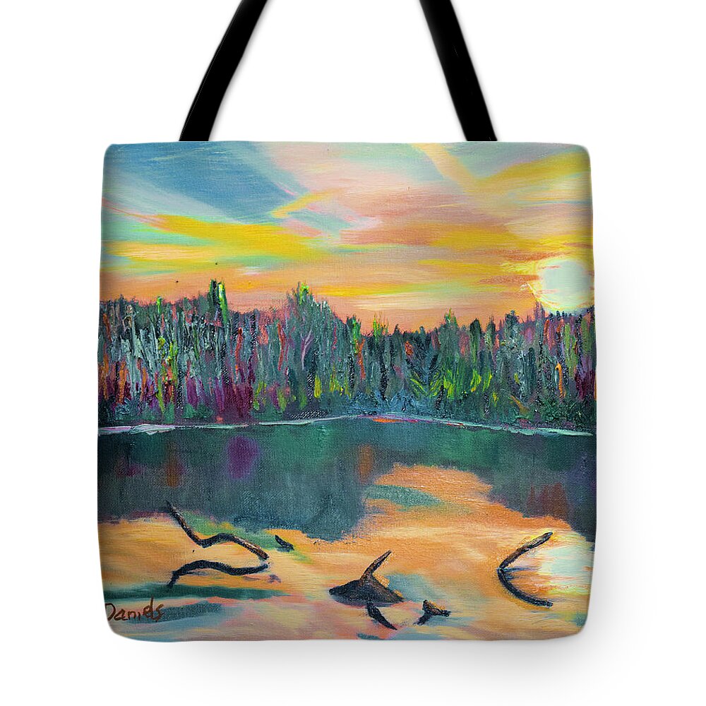 Sun Tote Bag featuring the painting Lake Schwartzwood Sunset by Michael Daniels
