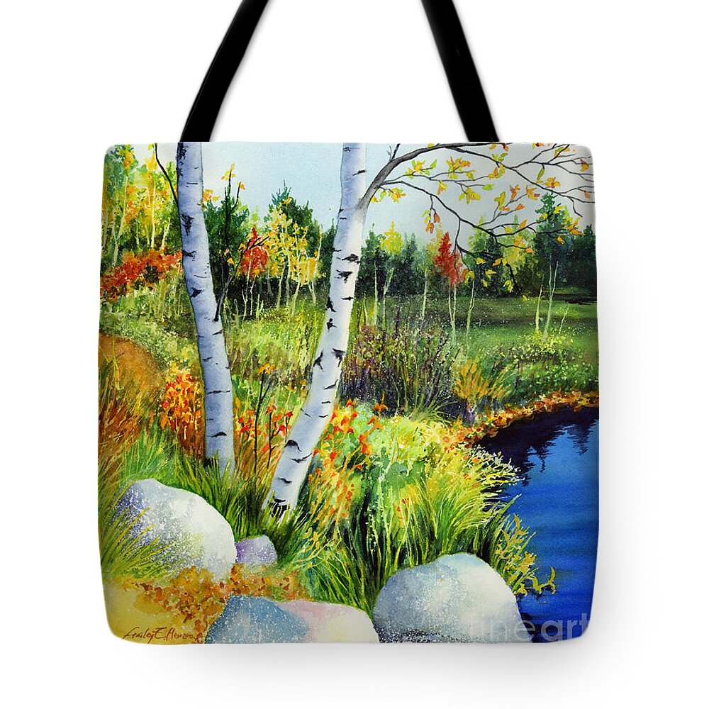 Birches Tote Bag featuring the painting Lakeside Birches by Hailey E Herrera