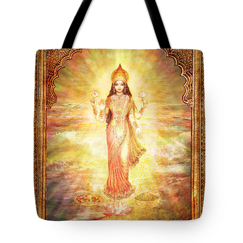 Goddess Painting Tote Bag featuring the mixed media Lakshmi the Goddess of Fortune and Abundance by Ananda Vdovic