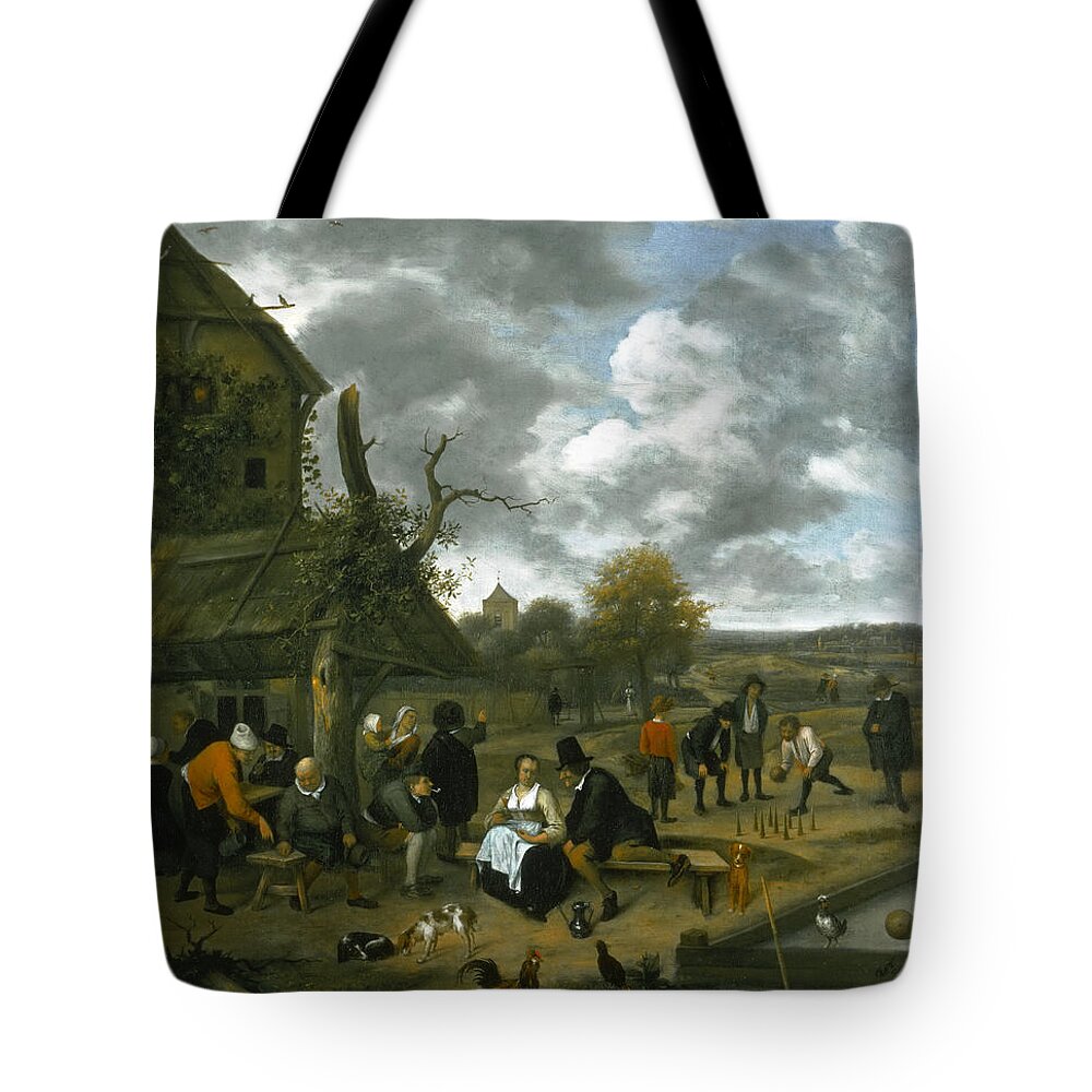 Jan Steen Tote Bag featuring the painting Landscape with an Inn and Skittles by Jan Steen
