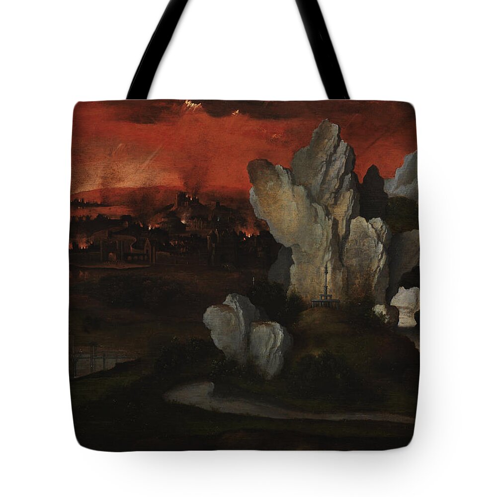 Joachim Patinir Tote Bag featuring the painting Landscape with the Destruction of Sodom and Gomorrah by Joachim Patinir