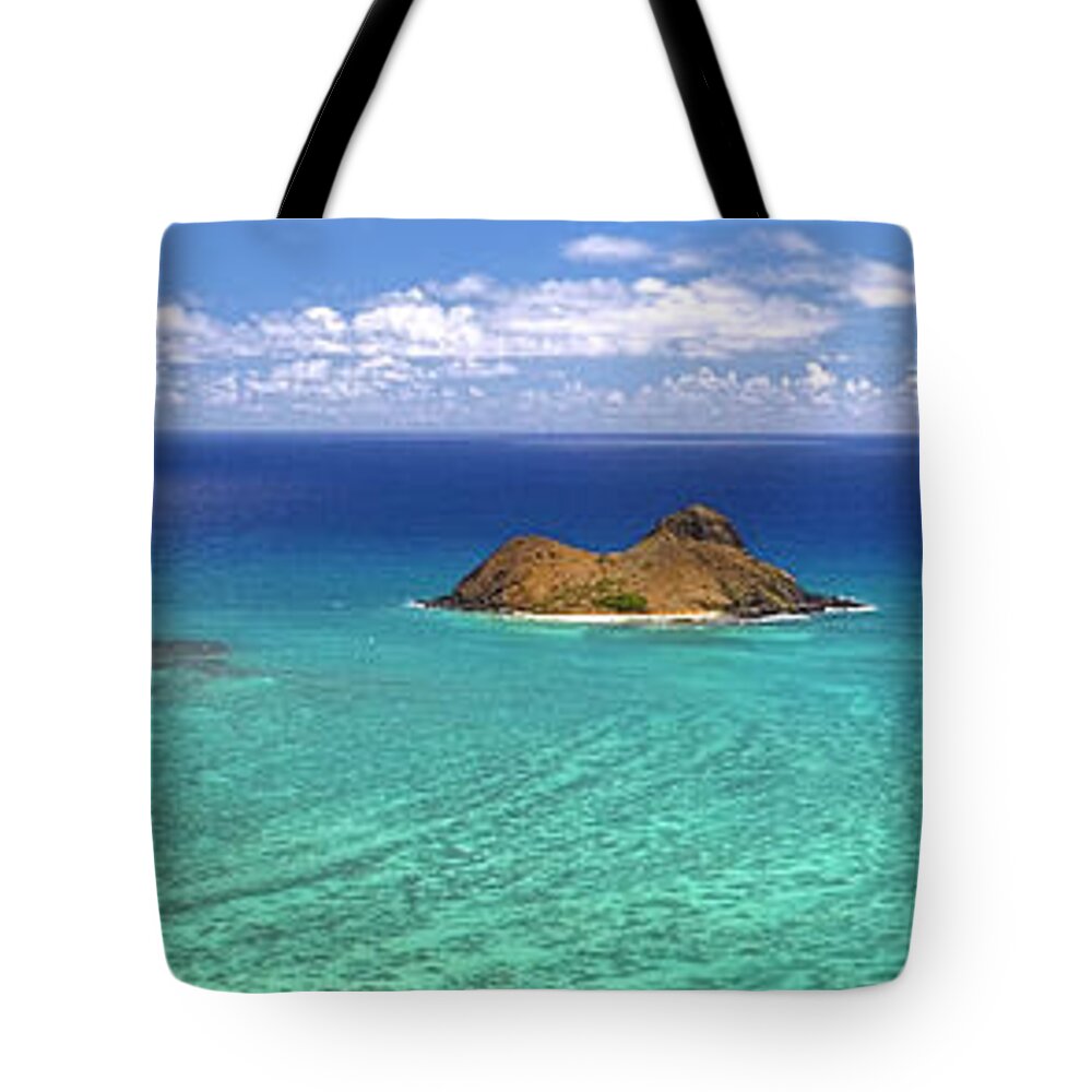 Lanikai Beach Tote Bag featuring the photograph Lanikai Beach From Above Panorama by Aloha Art