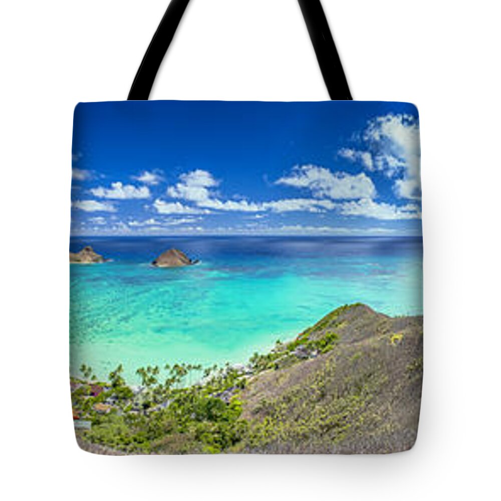 Lanikai Beach Tote Bag featuring the photograph Lanikai Bellows and Waimanalo Beaches Panorama by Aloha Art