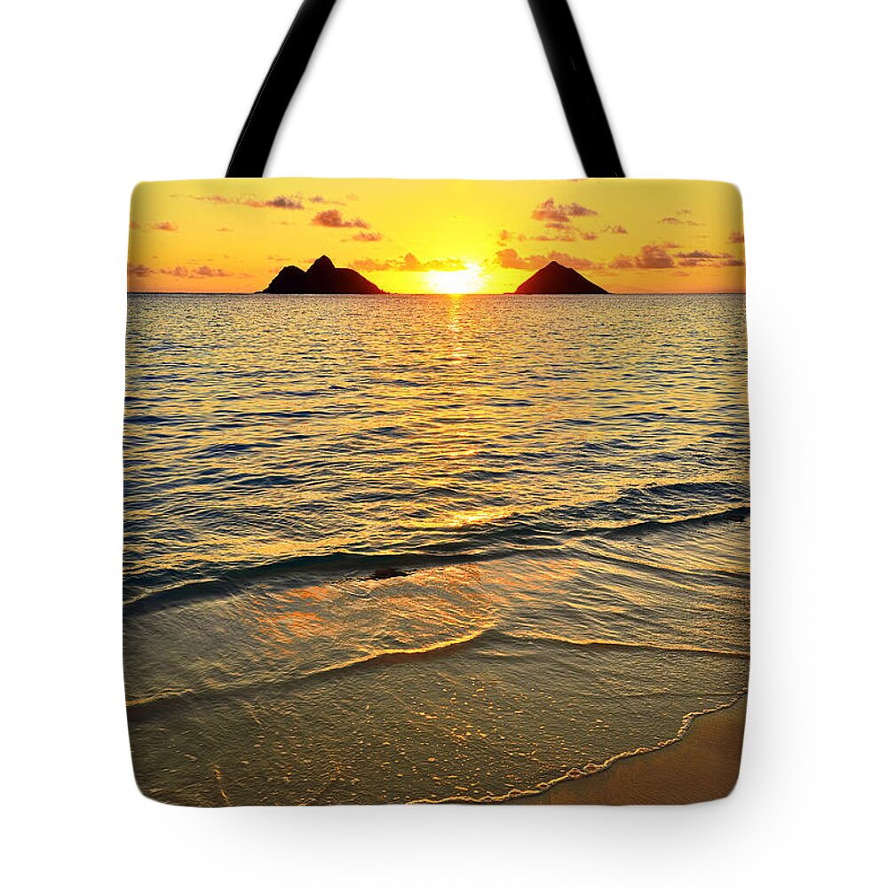Lanikai Sunrise Green Flash Tote Bag featuring the photograph Lanikai Sunrise Blue Green Sky by Aloha Art