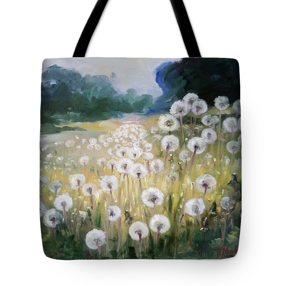 Dandelion Tote Bag featuring the painting Lanscape with blow-balls by Irek Szelag