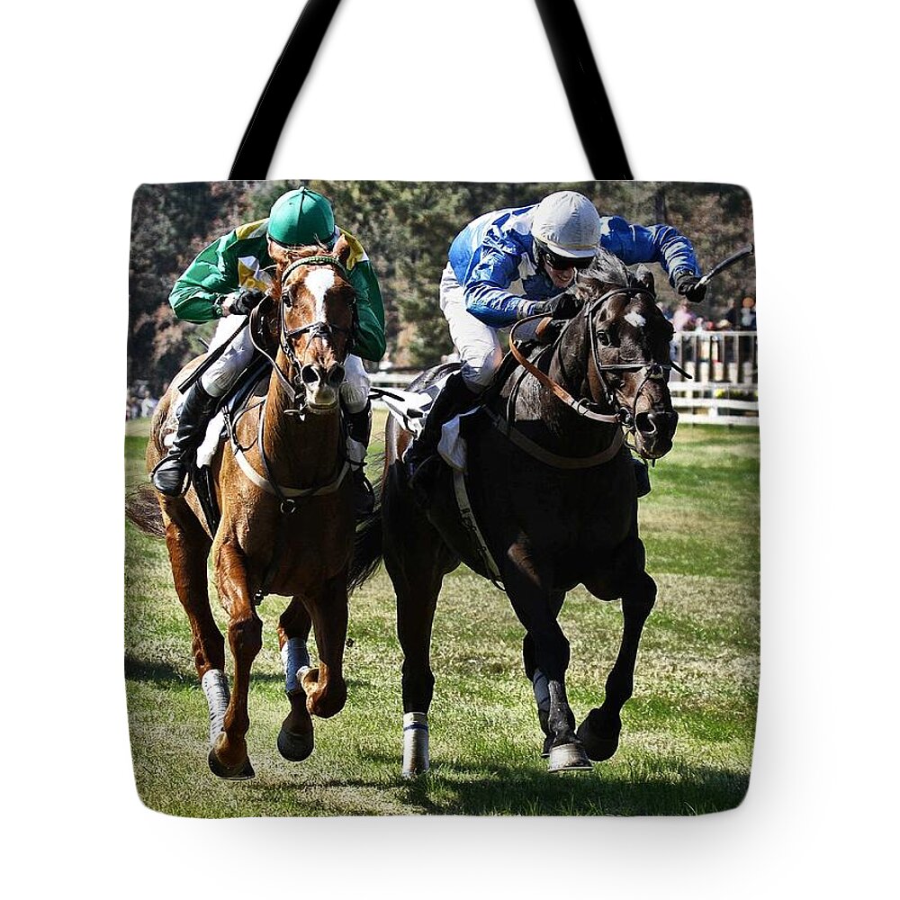 Steeplechase Tote Bag featuring the photograph Last one to the finish line is a rotten egg by Robert L Jackson