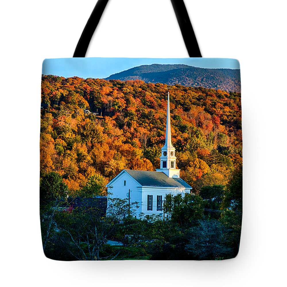 Autumn Foliage New England Tote Bag featuring the photograph Last rays of autumn sun on Stowe Church by Jeff Folger